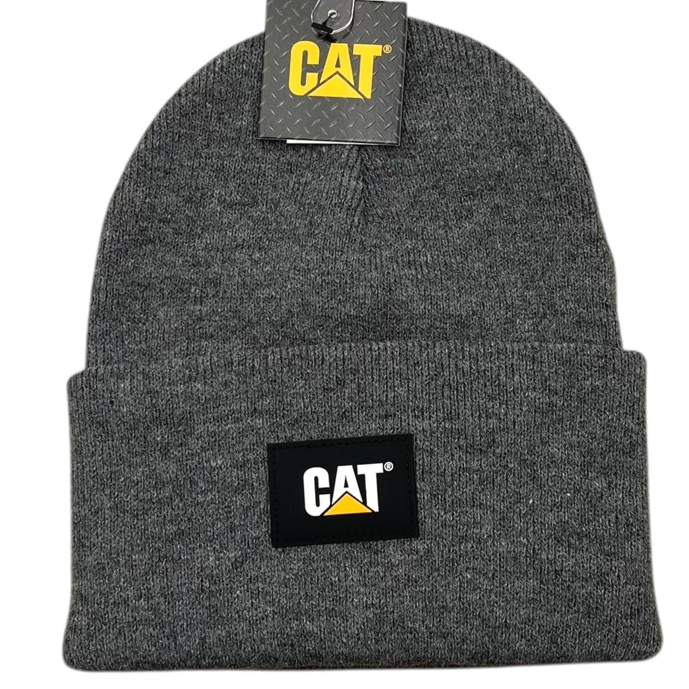 Caterpillar Men's CAT Label Cuff Beanie Gray One Size Knit Hat Fold-up‎ Cuff